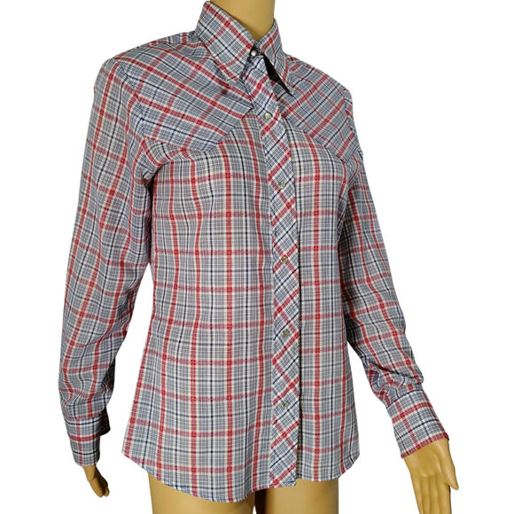 60s Levis Western Cowgirl Button Up Blue Red Shirt Pearl Snap Button Size Small - Picture 2 of 10